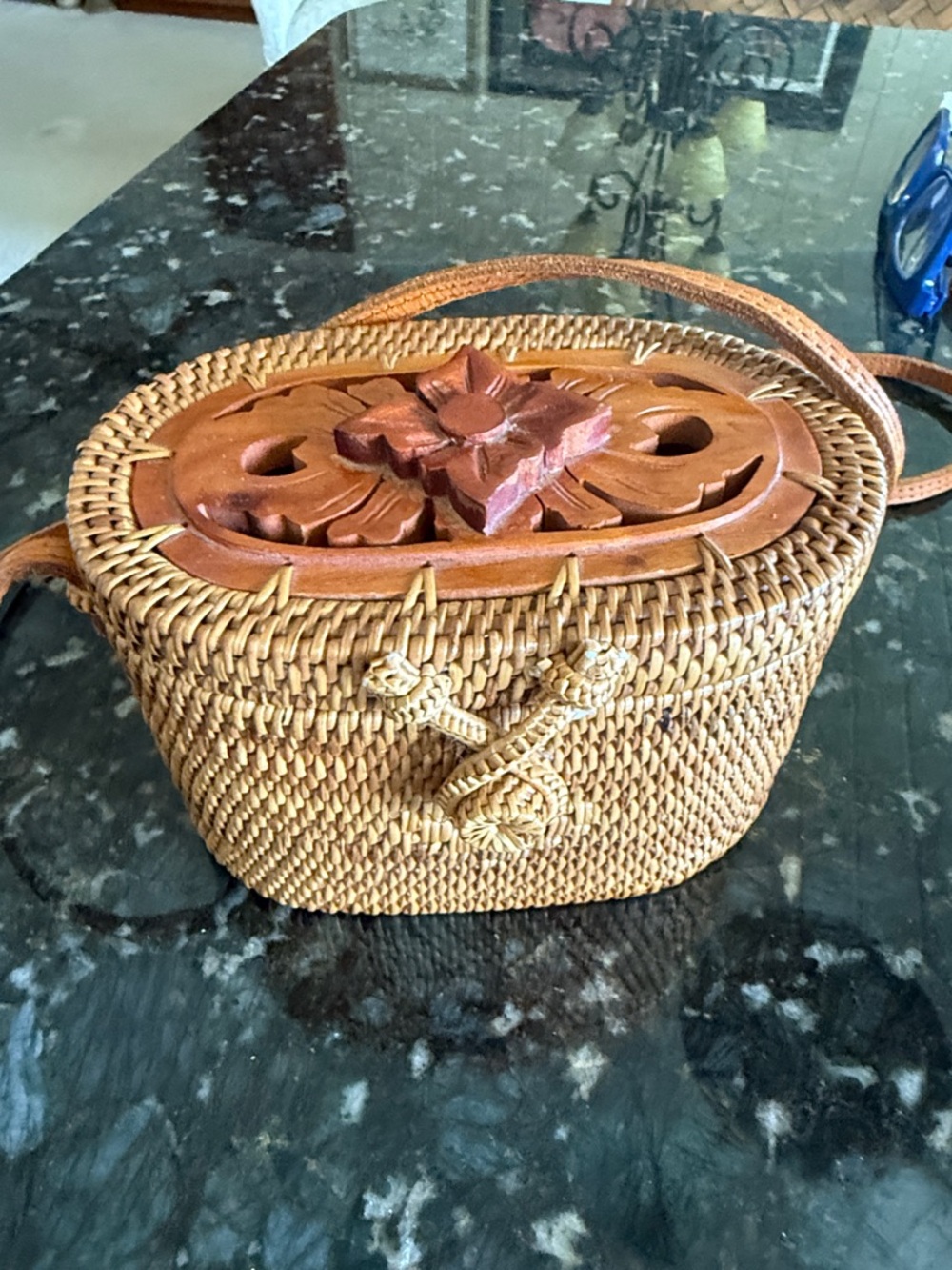 Handwoven Tan Mini Rattan Crossbody Bag with Carved Wood Accent